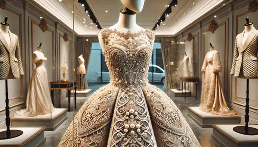 Haute couture modasının zirvesini temsil eden, el işçiliği ve lüks kumaşlarla hazırlanmış özel tasarım bir elbise, Paris esintili şık bir stüdyoda sergileniyor.
