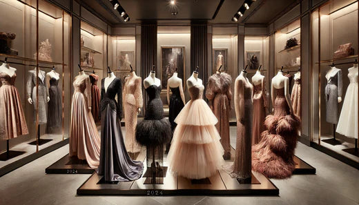 2024 abiye ve davet elbiselerinde öne çıkan kumaş trendlerini sergileyen, saten, kadife, dantel gibi lüks kumaşlarla tasarlanmış modern elbiselerin sergilendiği şık bir butik.