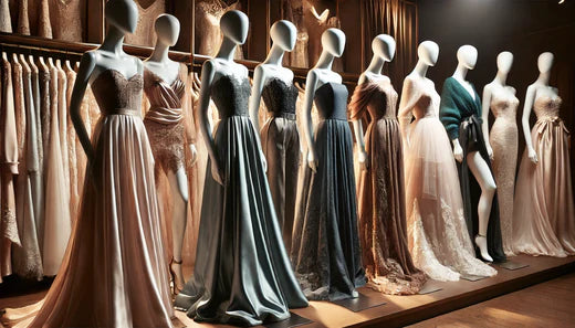 Farklı kumaşlardan tasarlanmış abiye elbiselerin sergilendiği bir butik, saten, kadife, şifon ve dantel gibi kumaşların vücut tiplerine uygun zarif tasarımlarını öne çıkarıyor.