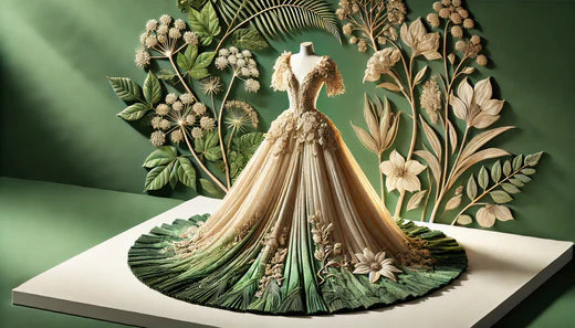 Çevre dostu kumaşlardan yapılmış zarif bir haute couture elbisesi, doğayı simgeleyen yeşil yapraklar ve doğal tonlar eşliğinde, sürdürülebilir moda konseptini vurgulayan bir görsel.