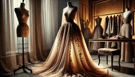 Haute couture kumaşlardan üretilmiş, tül, ipek şifon ve organza detaylarıyla zarif bir abiye etek. Lüks bir ortamda sergilenen etek, ince işçilikle parlayan dokusuyla dikkat çekiyor.